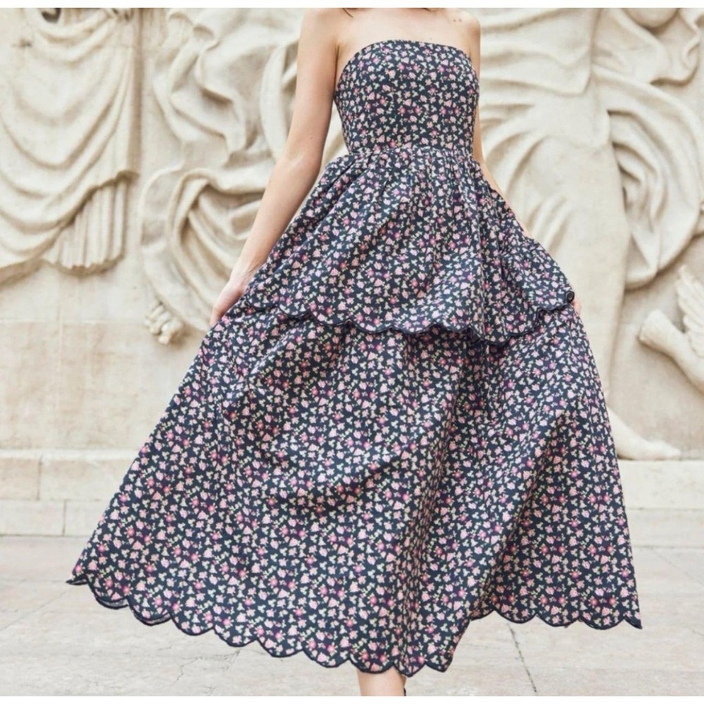 EDDY Daisy Dress Black Rose‎ Floral Strapless Tiered Midi Cotton Medium